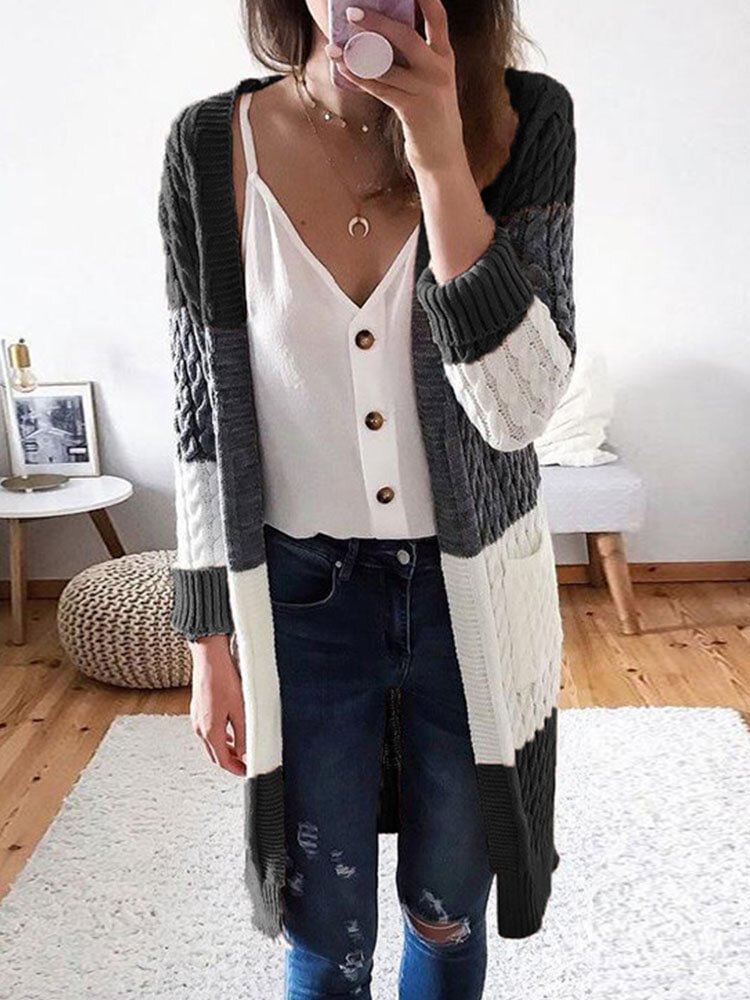 Contrast Color Open Front Long Sleeve Pocket Cardigan - Life is Beautiful for You - SheChoic