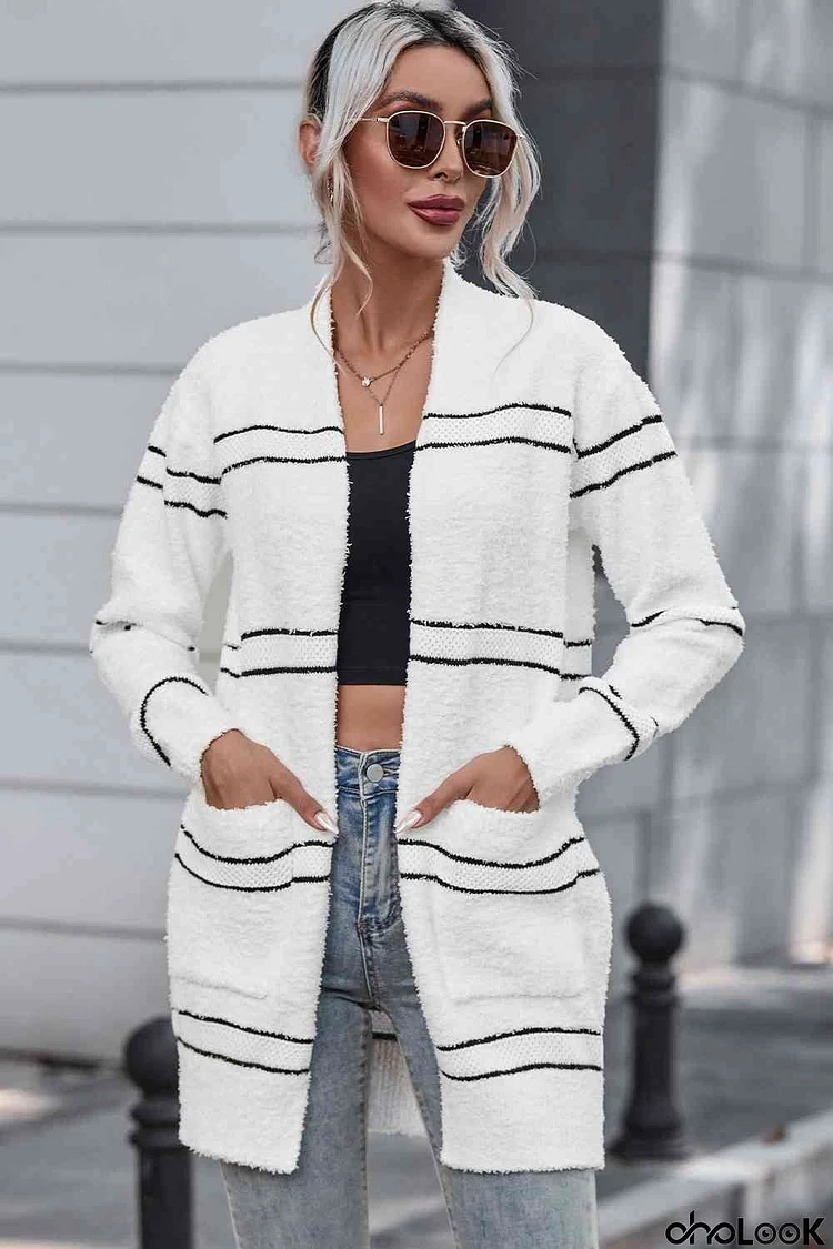 Striped Open Front Cardigan with Pockets