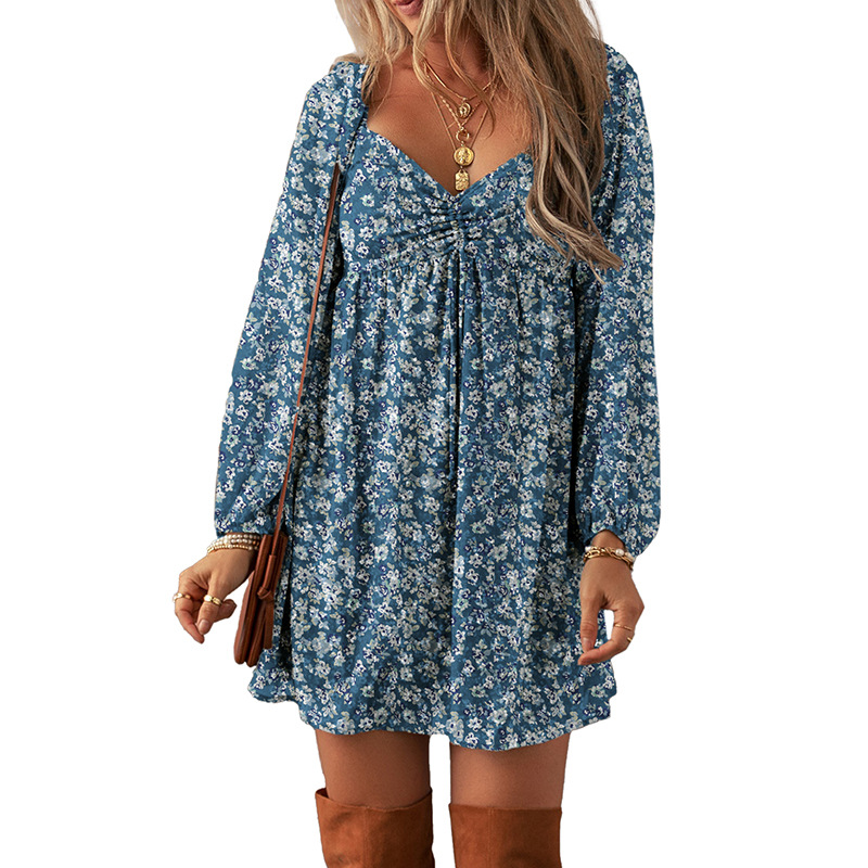 Mature Women Summer Fashion Floral Print Long Sleeve Dress