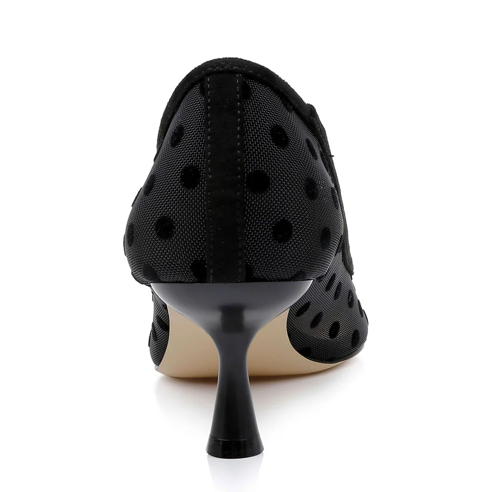 Black Mesh Polka Dot Pointed Toe Mid Spool Heel Pumps for Women
