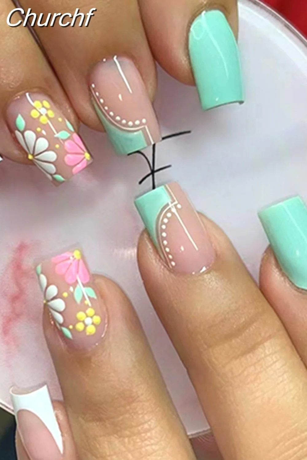 Churchf Nail Full Cover Fake Nail Pink Glitter Wearable French Short Nails Square Head False Nail Press On Nails Manicure Tool 715-1-Nail Inspo