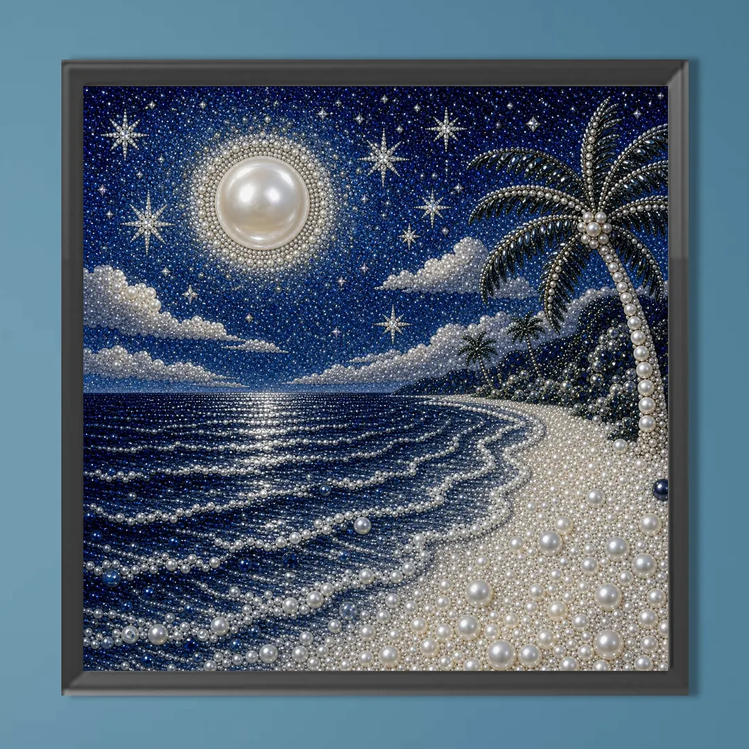 Night Beach Pearl Full DIY 5D Round Drill Gem Art Diamond Painting Kits 15.75x15.75 in Diamond Dots Paintings Picture Arts Craft Diamond Art Kits for Adults Beginner Home Wall Decor
