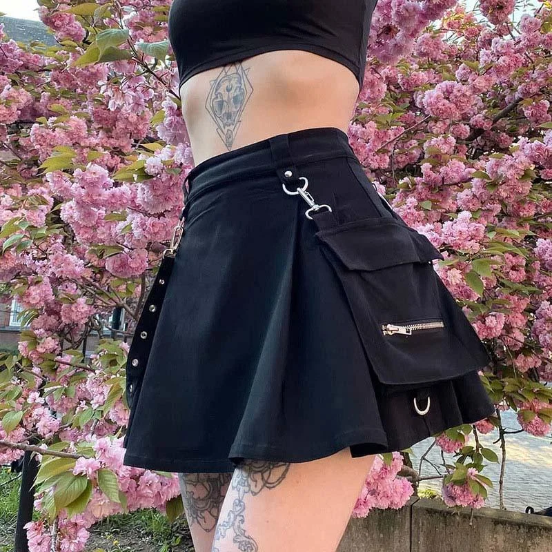 Gothic Punk Chain Pocket High Waist Pleated Skirt SS8452