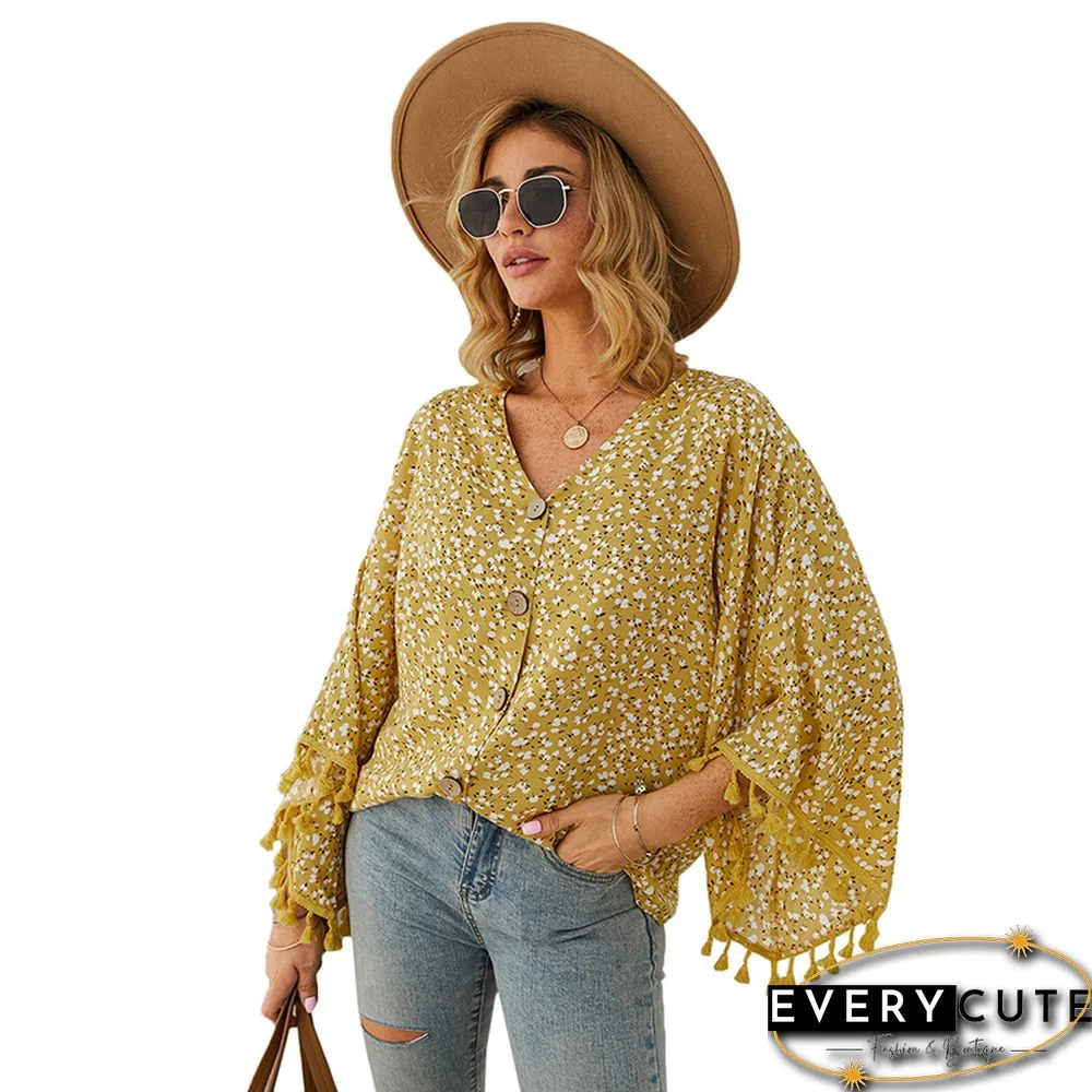 Yellow Polka Dot Tasseled Sleeve Blouse Top