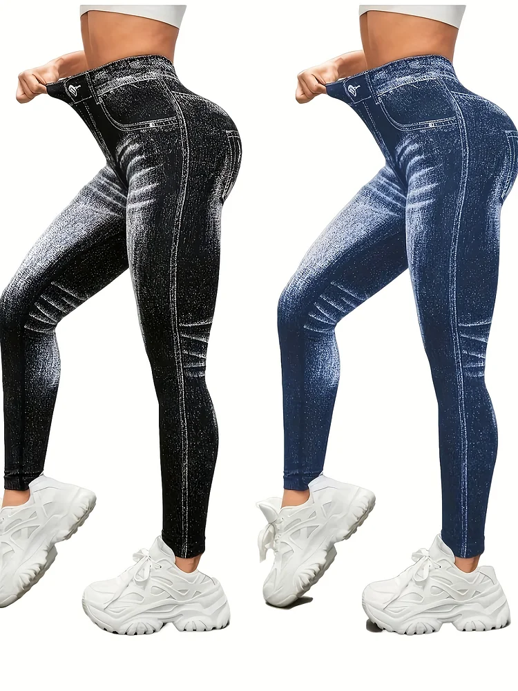 2pcs Women's Imitation Denim Leggings With Floral Print - Stretchy Non-See-Through Tight-Fit Pants, Machine Washable All-Season Casual & Workout Bottoms, Seasonal Fashion | Stylish Flair Leggings | Comfortable Wear, High Waisted Legging