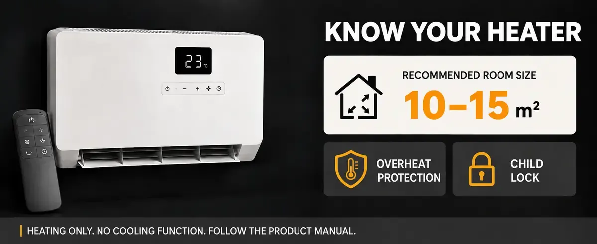 Recommended 10 to 15 square metre room size with overheat protection and child lock