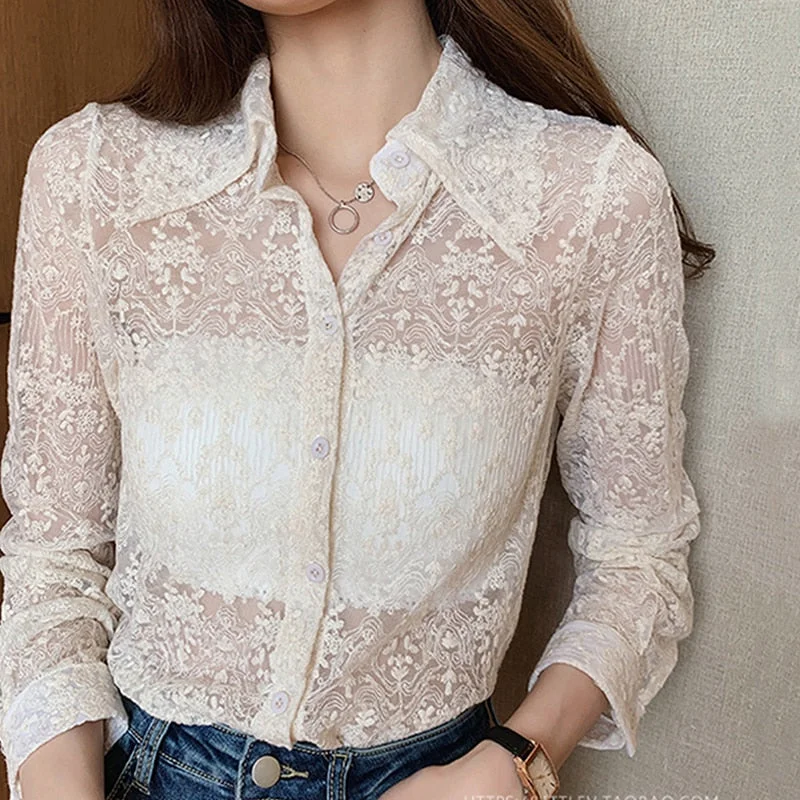 2021 Spring New Fashion Lace Blouse Plus Size Floral White Blouse Lace Bottoming Shirt Office Lady Long Sleeve Korean Tops 13125