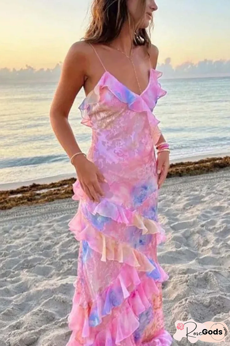 Ruffled Spaghetti Strap Backless Maxi Dress