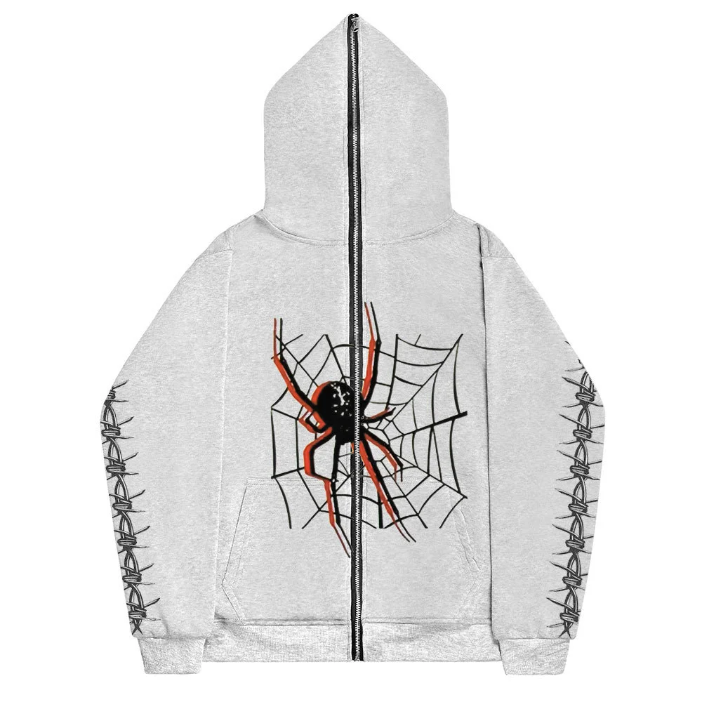 Street Goth Spider Print Zipper Sweatshirt Full Zip Up Hoodie