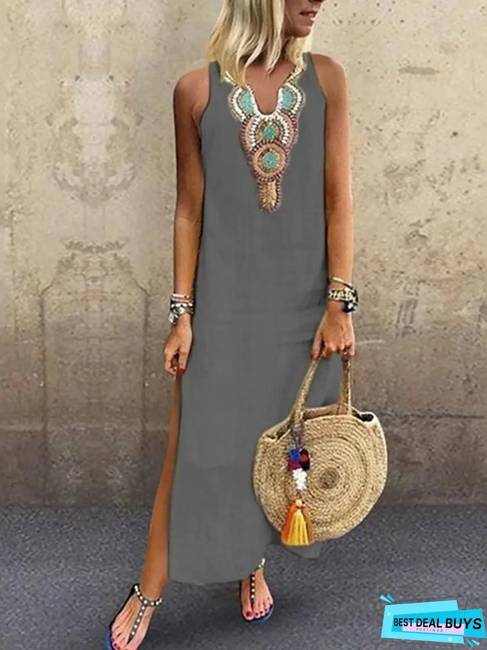 Women's Blazer Dresses Maxi Long Dress - Sleeveless Tribal Split Print Summer V Neck Plus Size Hot Casual Boho Holiday Beach White Yellow Wine Green Gray White Dresses