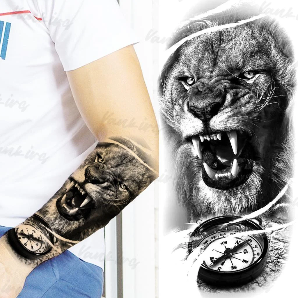 Sdrawing Lion Knight Temporary Tattoos For Men Adults Realistic Tiger Skeleton Fake Tattoo Sticker Arm Water Transfer Tatoos 3D