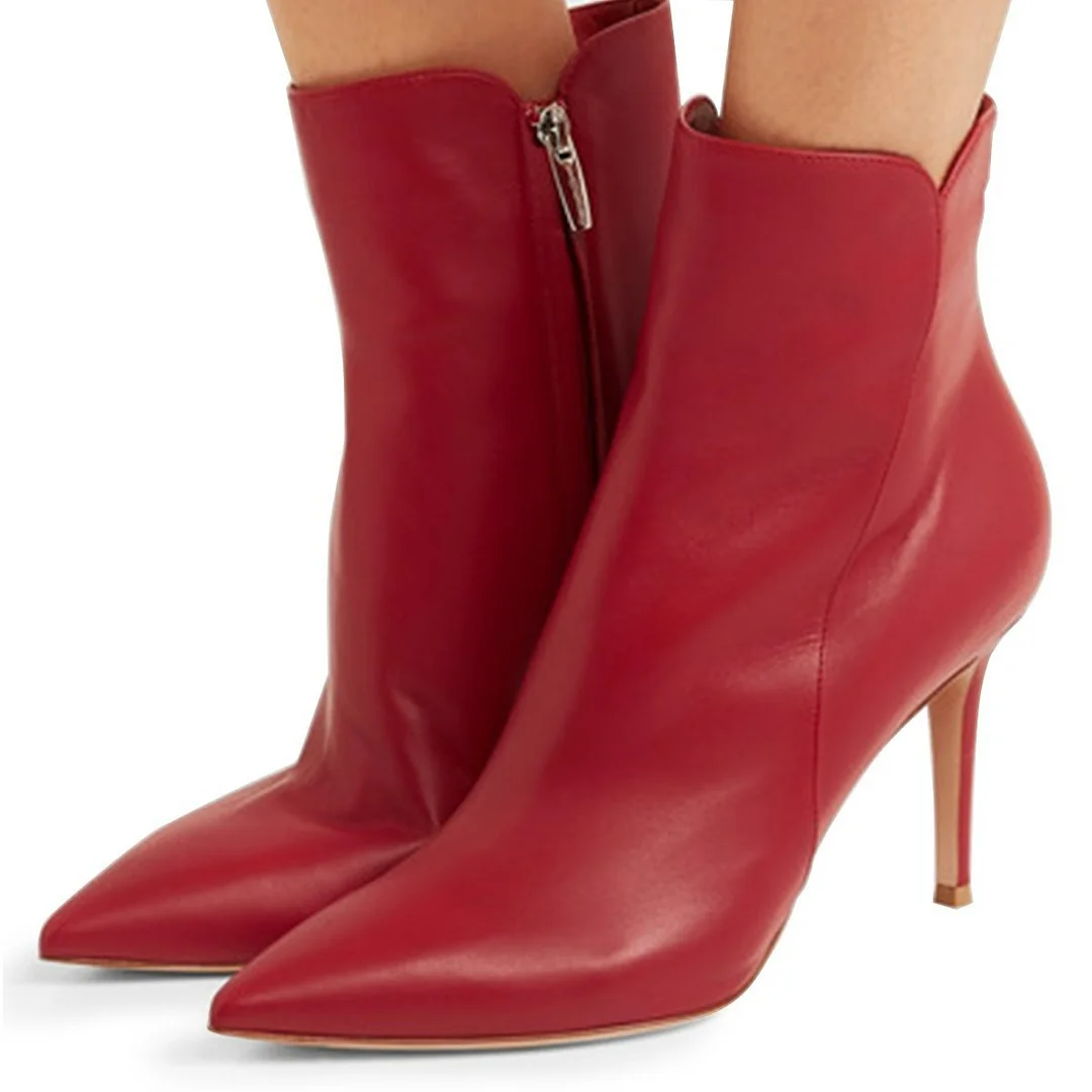 Red Pointed Toe Stiletto Heel Short Boots for Women with Zipper
