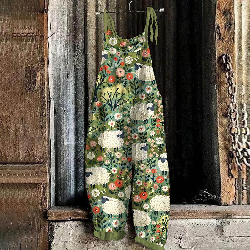 Comstylish Farm Sheep Flower Print Loose Jumpsuit