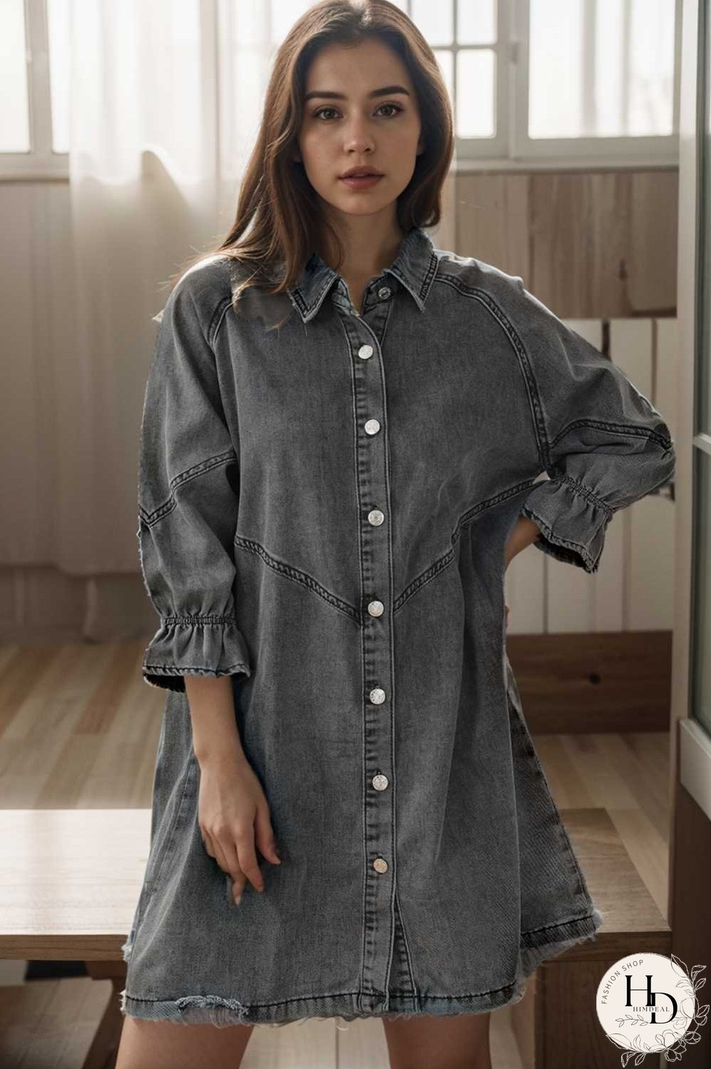 down loose short sleeve denim jean dress drop shoulder a line paneled peasant closed bateau v neck dress