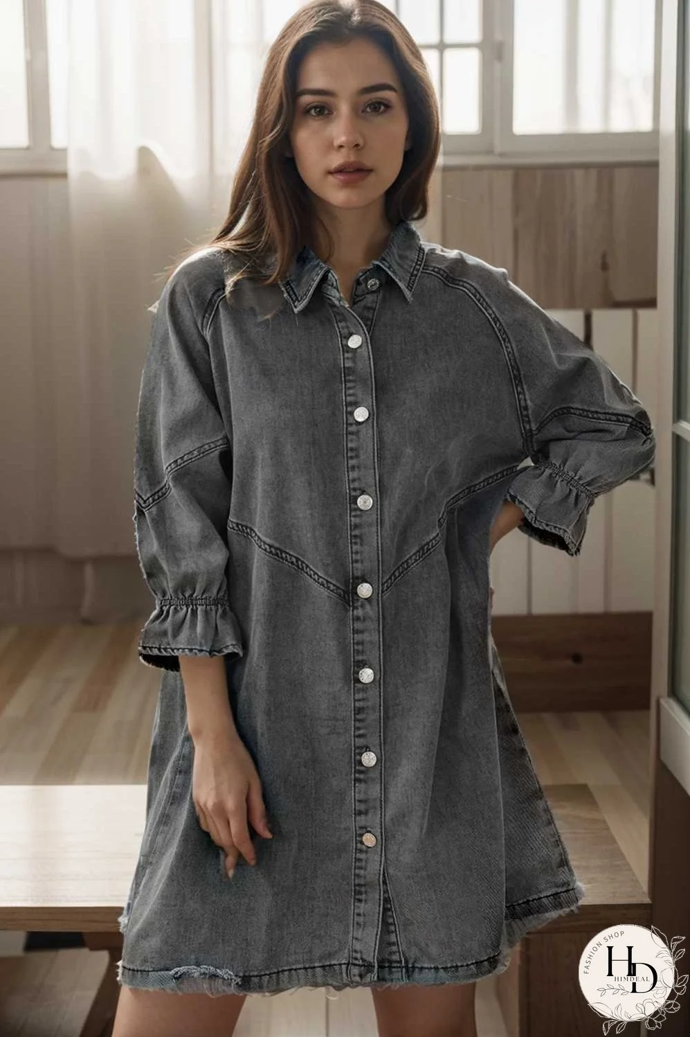 down loose short sleeve denim jean dress drop shoulder a line paneled peasant closed bateau v neck dress