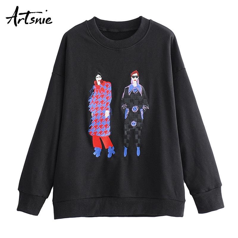 Artsnie Cartoon Character Embroidery Knitted Sweatshirt Women Spring 2019 O Neck Streetwear Oversized Hoodie Casual Sweatshirts