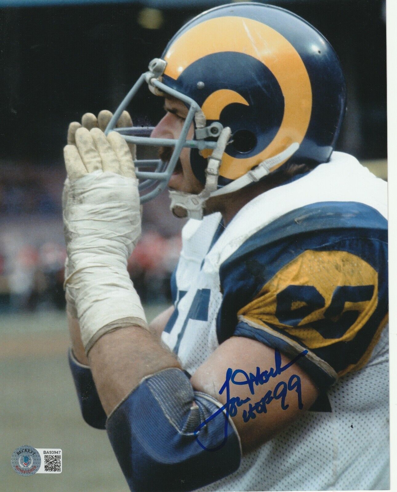 TOM MACK Signed Los Angeles RAMS 8x10 Photo Poster painting w/ Beckett COA (BAS) & HOF Inscrip