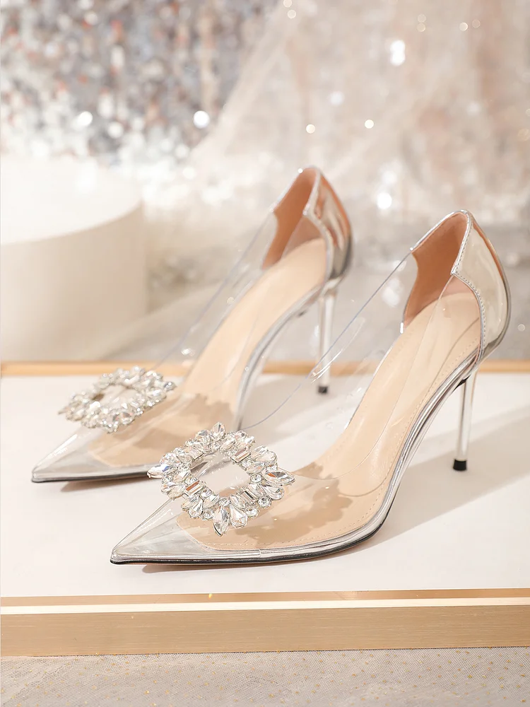70mm/90mm Women's  Stiletto Apricot Bottom High Heels Shoes Diamond Square Buckle  Banquet Party  Pumps