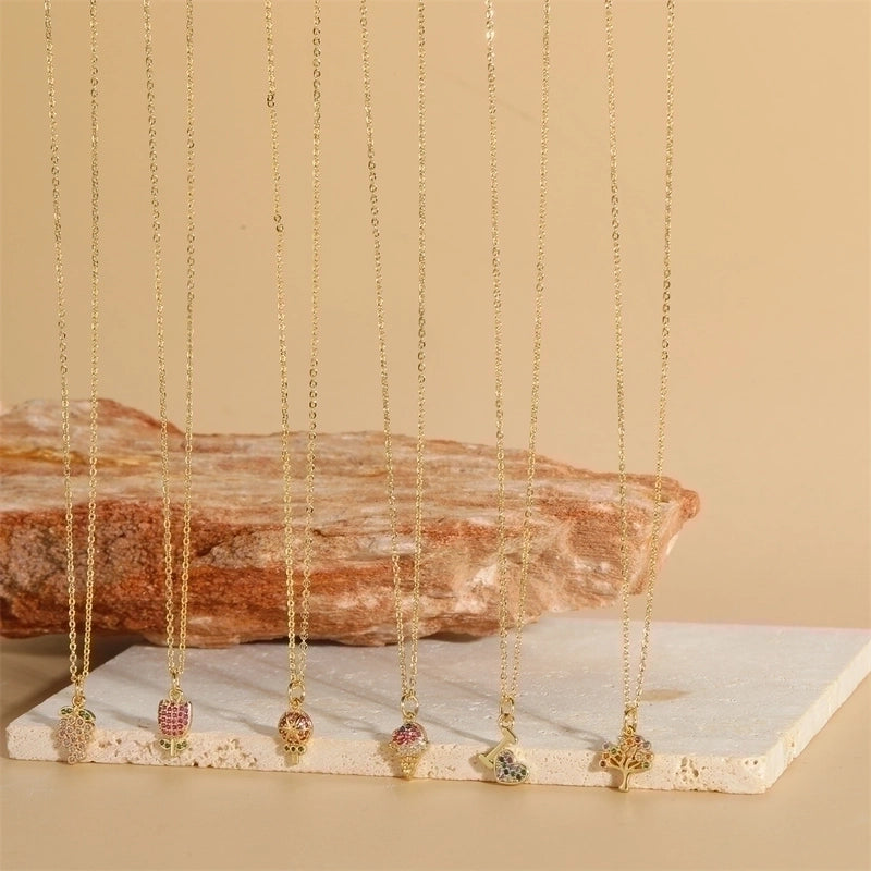 Copper 14K Gold Plated Vintage Style Minimalist Commute Inlay Ice Cream Tree Flower Zircon Pendant Necklace