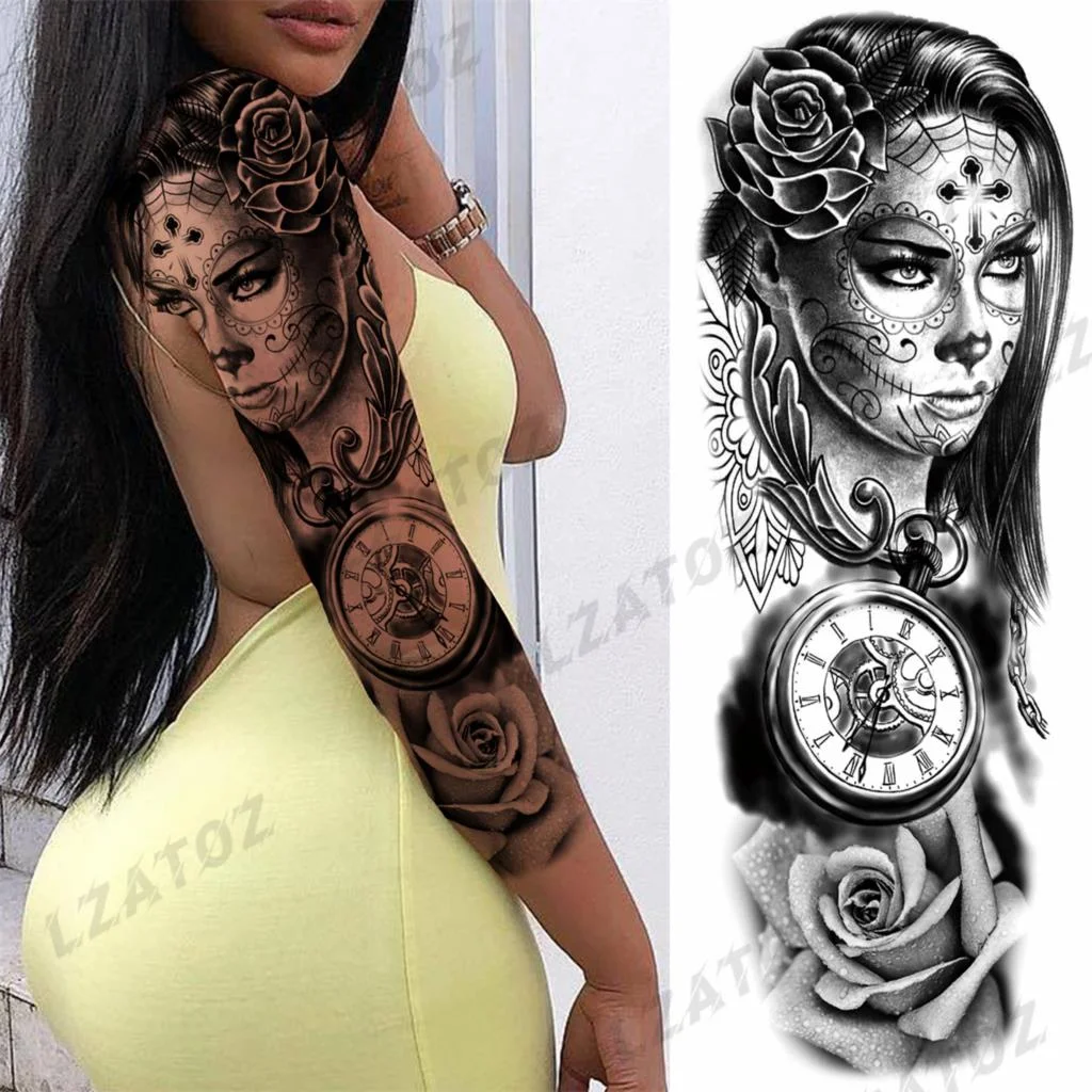 Sdrawing Sleeve Temporary Tattoos For Men Women Realistic Pirate Ship Wolf Tiger Skull Rose Flower Fake Tattoo Sticker Arm Tatoos
