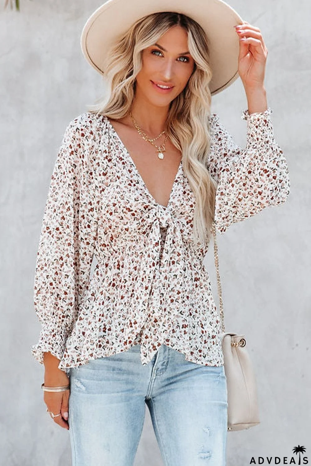 Floral Print Front Tie Ruffled Long Sleeve Blouse