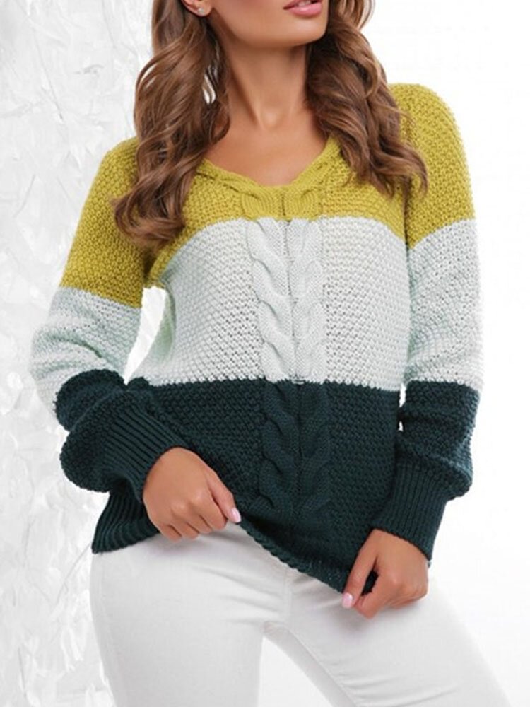 Contrast Color Cable Long Sleeve V-neck Knit Sweater