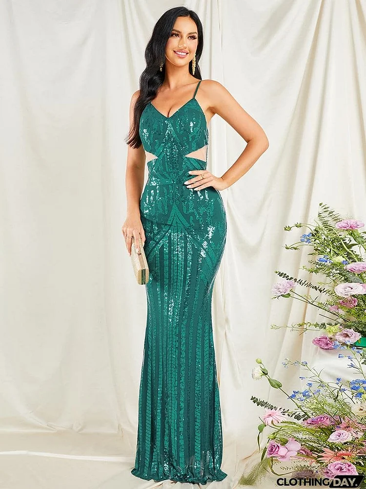 Spaghetti Strap V Neck Cutout Green Evening Dress RM20078