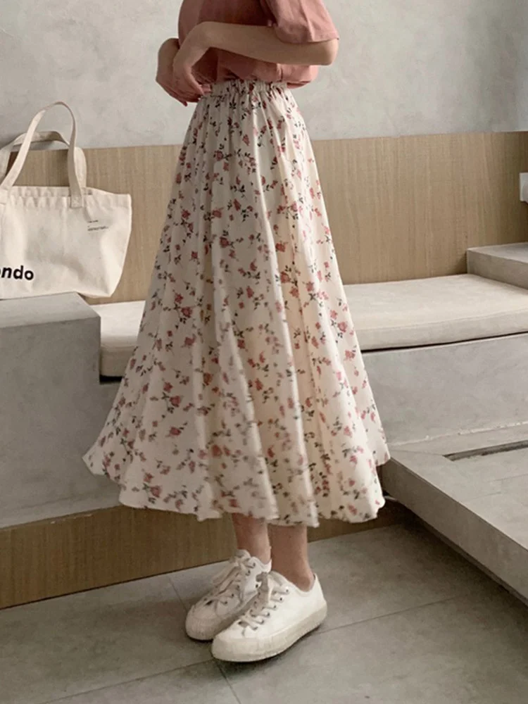 Colourp Floral Print A-line Pleated Long Skirts Summer Women 2023 Korean Skirt Streetwear Drawstring Elastic Waist Midi Skirt