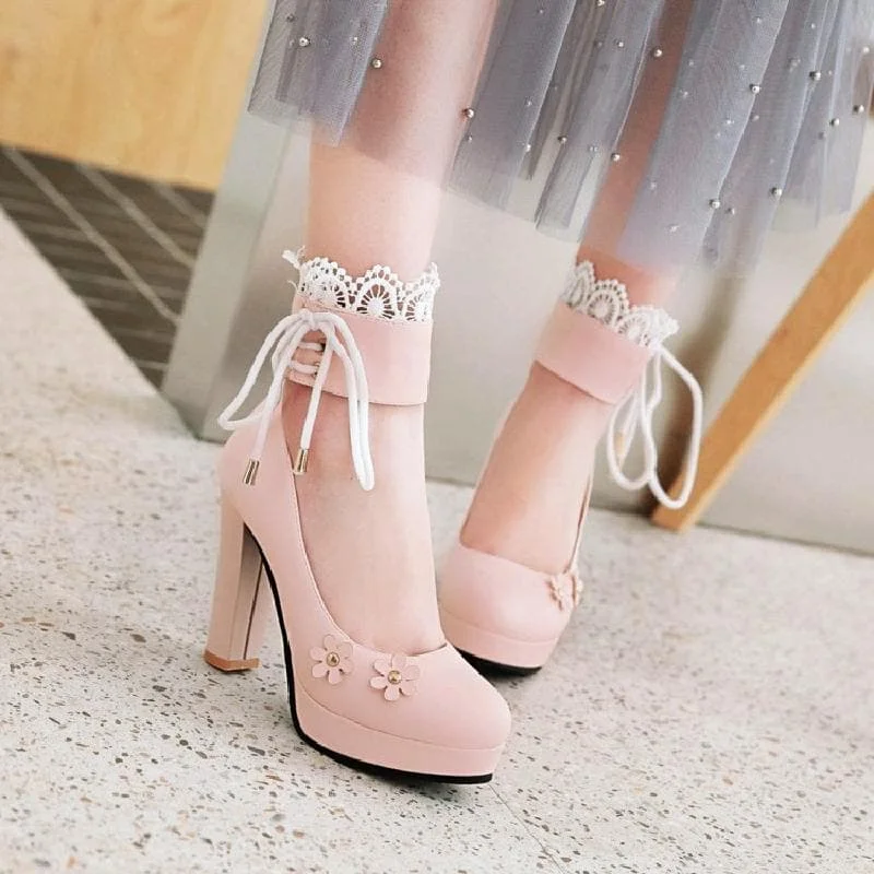 Pink/White/Black Sweet Lace Flower Lolita High Heel Shoes SP14072