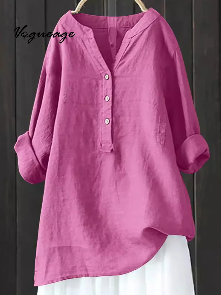Loose Solid Color Casual Women's Cotton And Linen Shirt