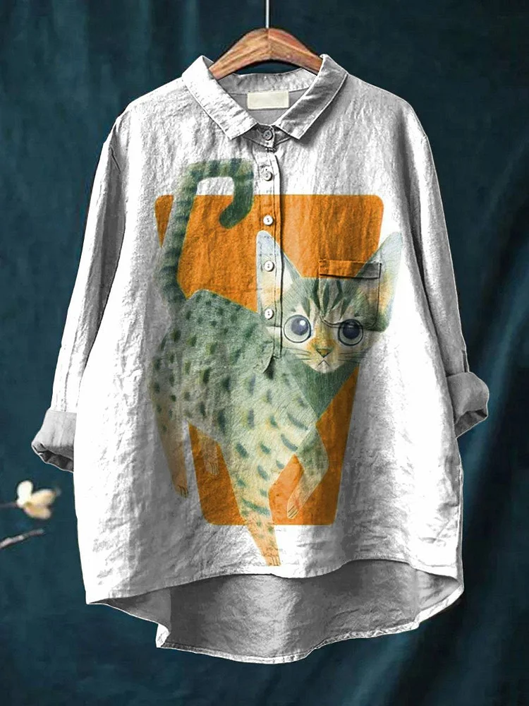 Vintage Funny Cat Art Print Casual Cotton And Linen Shirt