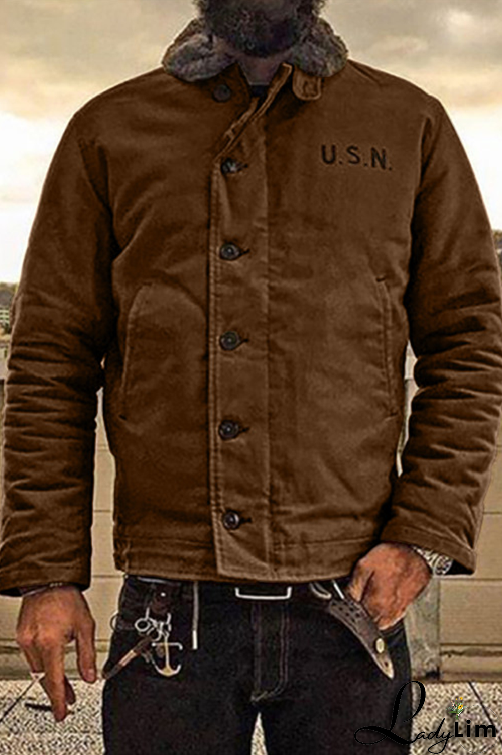 Black Fashion Casual Letter Pocket Buckle Turndown Collar Outerwear