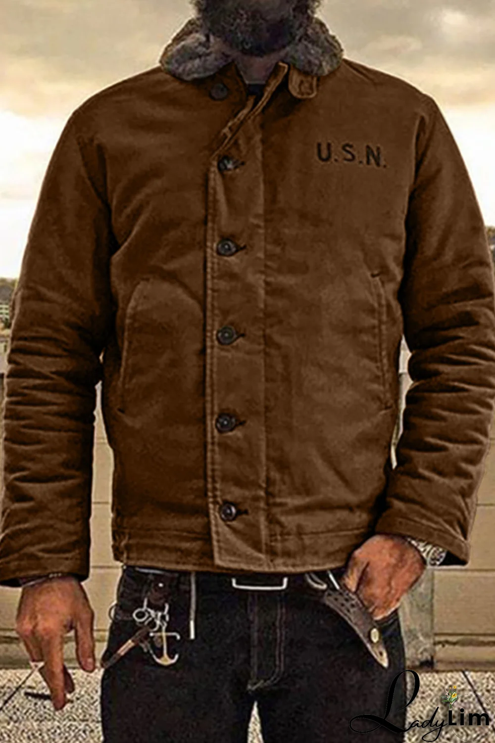 Black Fashion Casual Letter Pocket Buckle Turndown Collar Outerwear