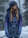 Women's Retro Drop Shoulder Skeleton Pattern Loose Hooded Sweater
