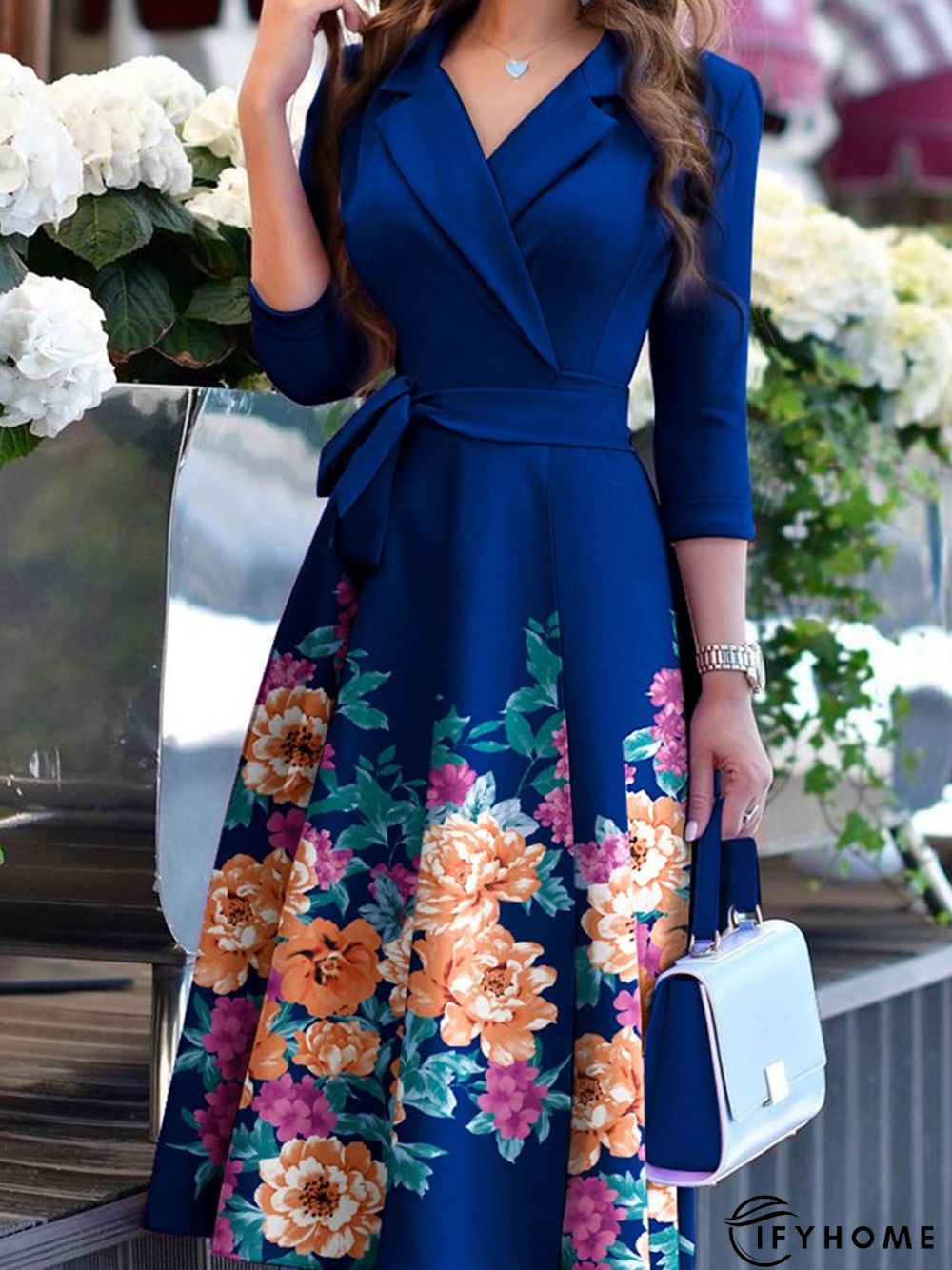 3/4 Sleeve Floral-Print Basic Shawl Collar Weaving Dress | IFYHOME