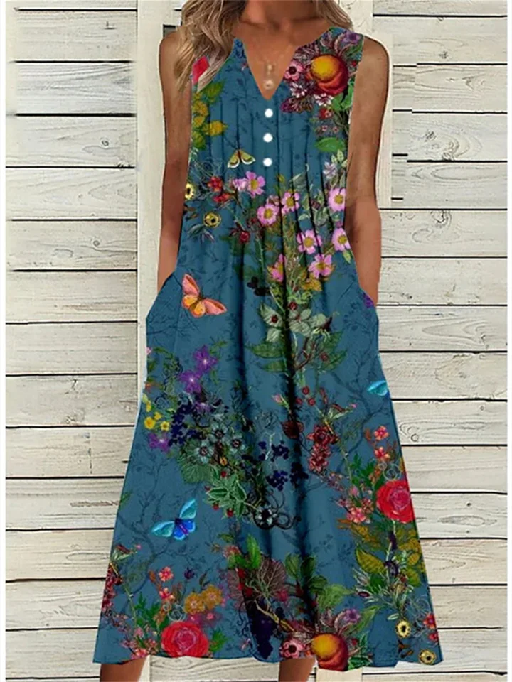 Women's Casual Dress Shift Dress Print Dress Floral Button Pocket V Neck Midi Dress Fashion Streetwear Outdoor Daily Sleeveless Regular Fit Blue Spring Summer S M L XL XXL | 168DEAL