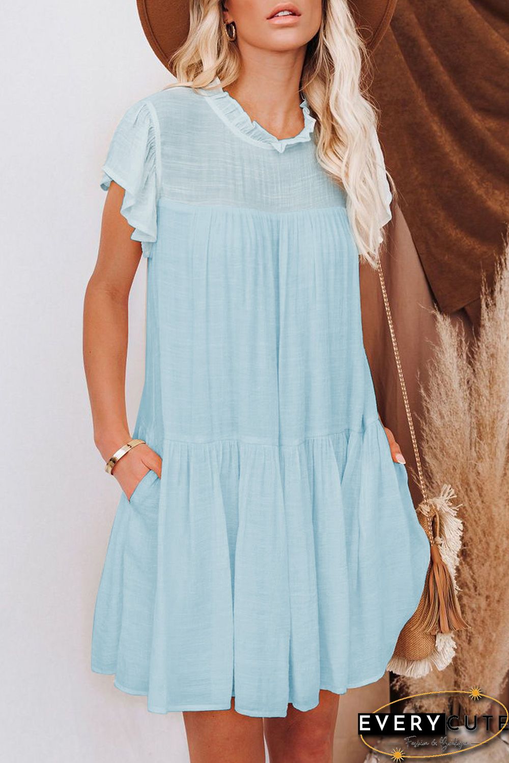 Sky Blue Frilled Neck Ruffle Swing Mini Dress with Pockets