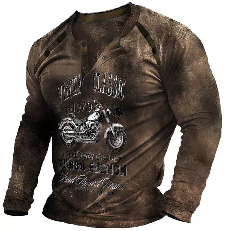 Men's 3D Print Graphic Patterned Motorcycle Henley Button-Down Print Long Sleeve T-Shirt