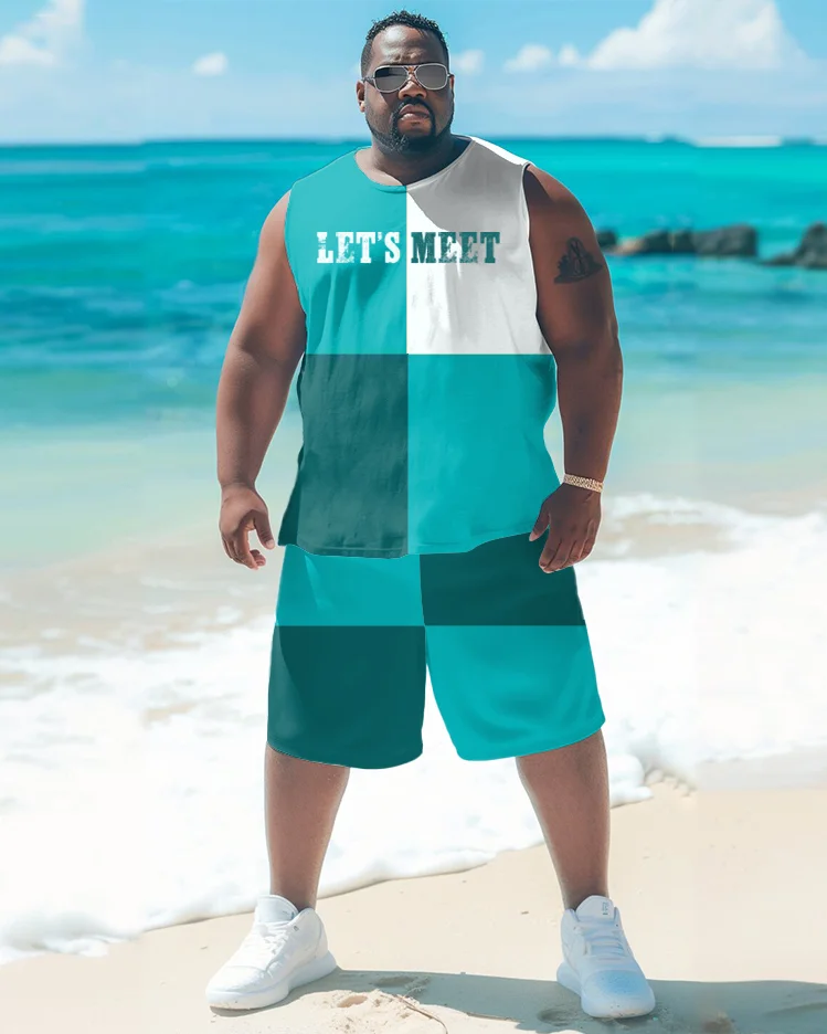 Men's Plus Size Simple Patchwork Letter Printed Vest Shorts Suit