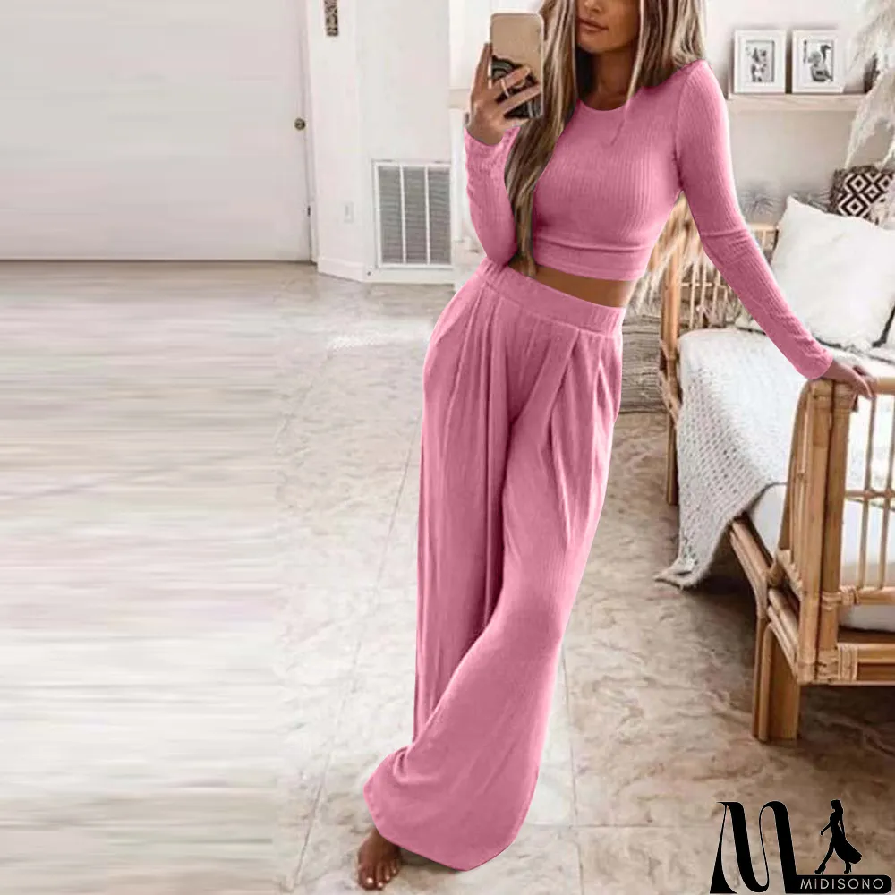 MidiSono - Women Solid Casual Long Sleeve Top and Pant Two Piece Set
