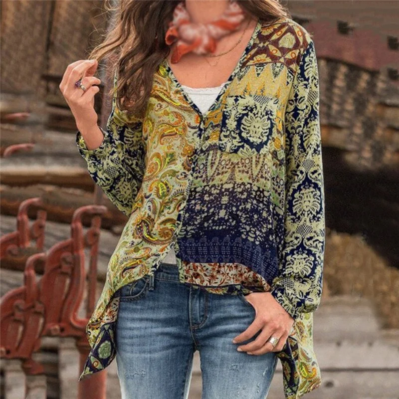 GAOKE Women Tops And Blouses Long Sleeve Bohemian Beach Loose Female Shirt Blouse Boho Fashion V Neck Lady Top Blusas