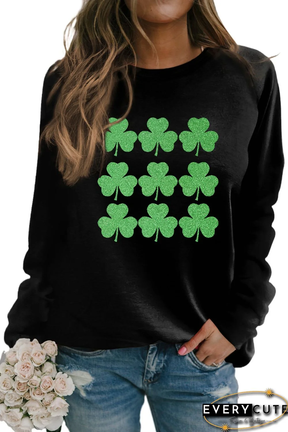 Black St Patrick's Day Clovers Print Pullover Sweatshirt