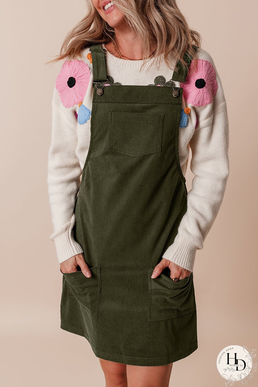 Women's Olive Green Corduroy Mini Dress