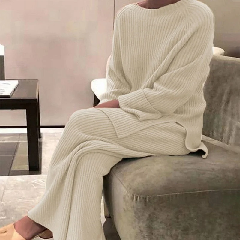 Women Knitted Tracksuit O-neck Sweater Casual Suit 2021 Autumn Winter 2 Piece Set Knit Wide Leg Pants Elegant Suit Femme Clothes