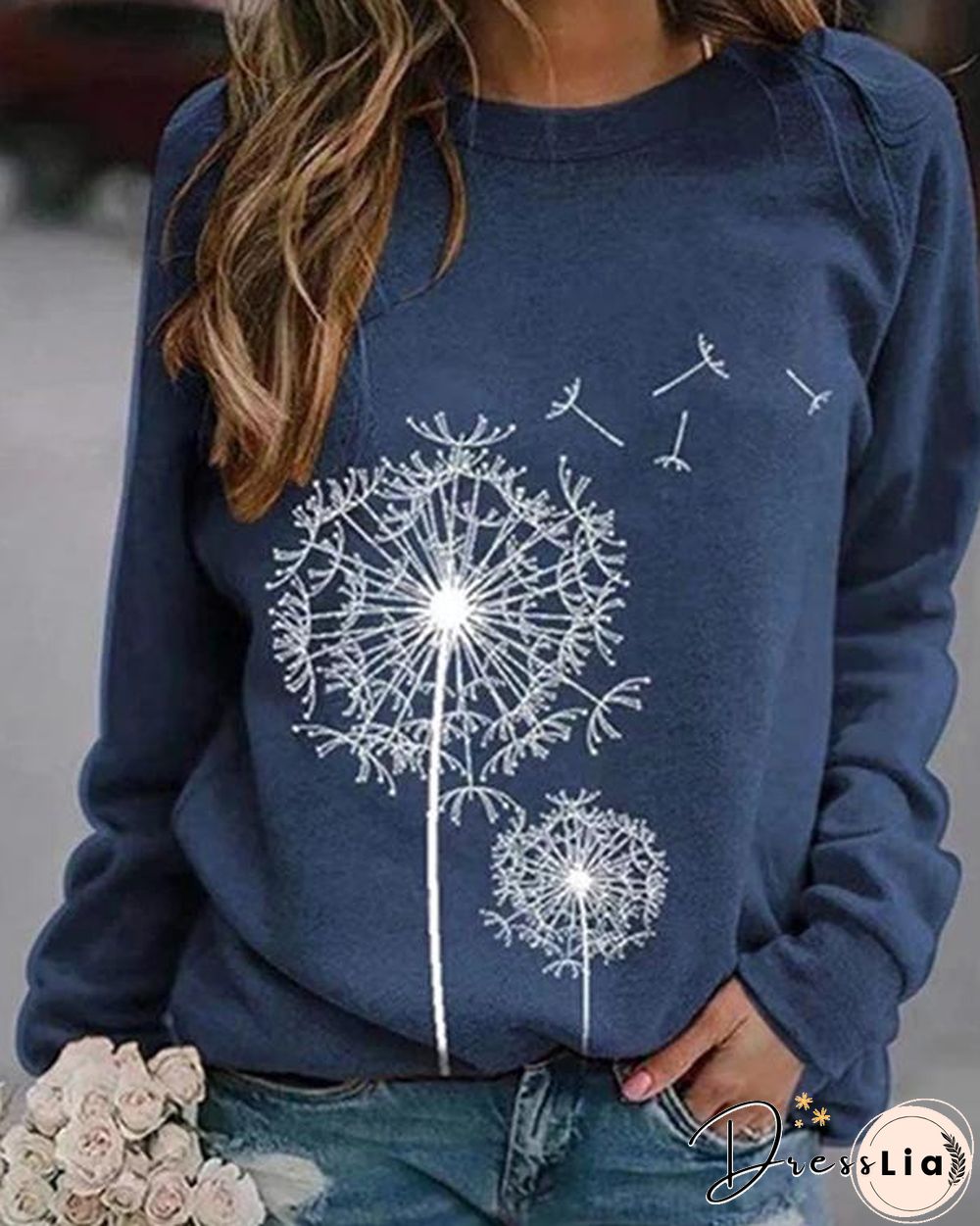 Dandelion Printed Round Neck Casual Loose Sweater