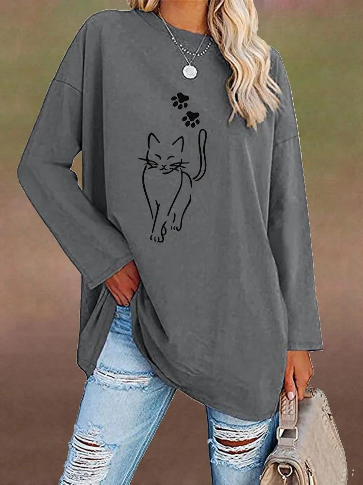 Cats Graphic Loose Long Sleeve T Shirt