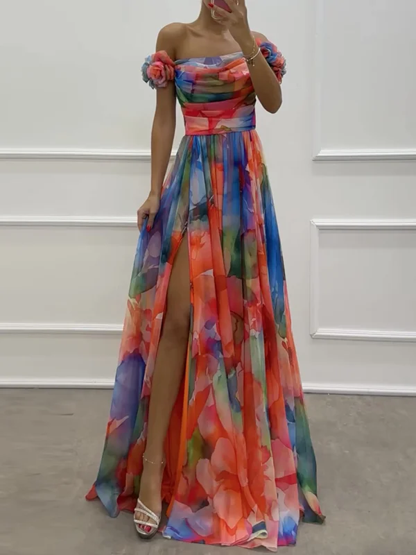 flower printed Short Sleeves rose One-Shoulder Pleated chiffon Maxi Dresses