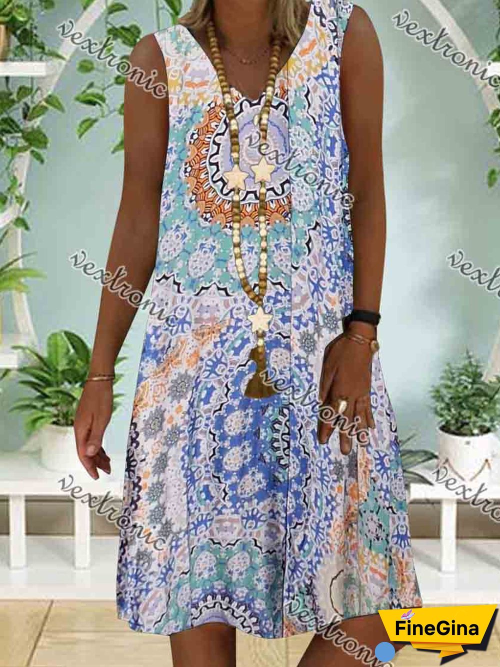 Women Casual Sleeveless V-neck Floral Printed Midi Dress