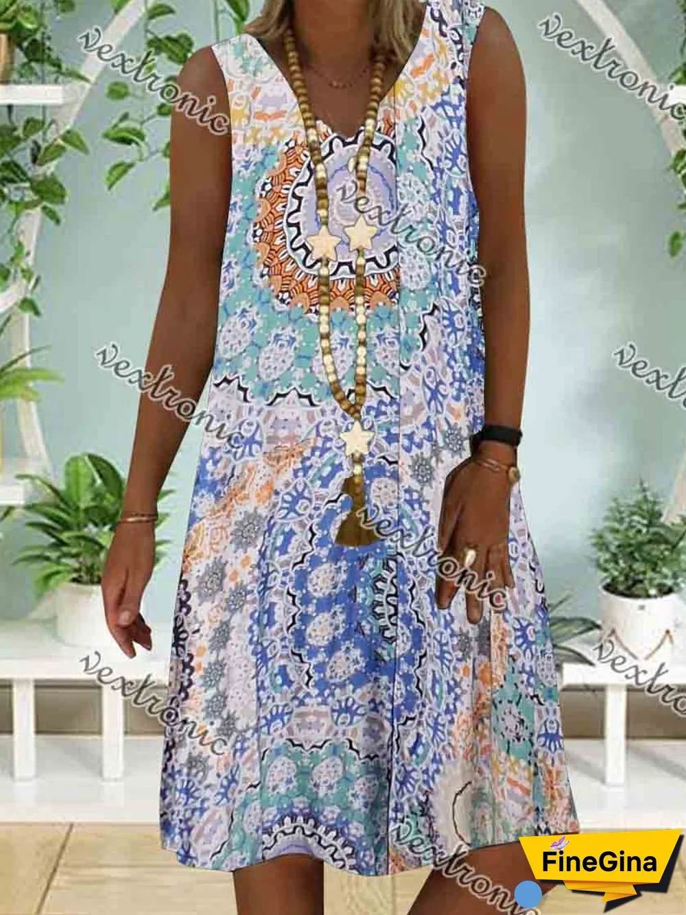 Women Casual Sleeveless V-neck Floral Printed Midi Dress