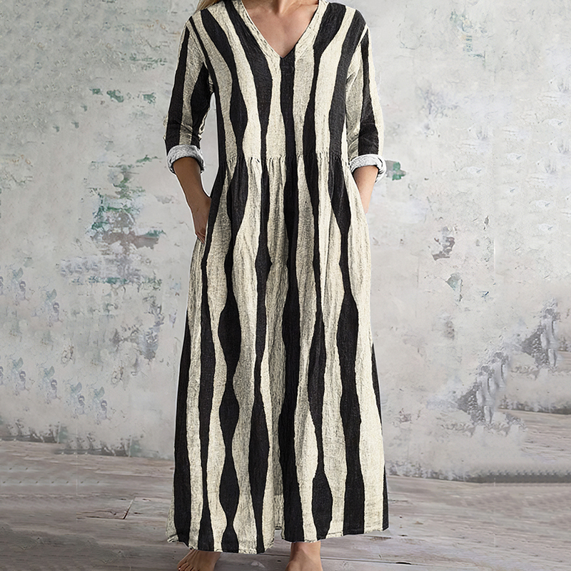 Comstylish Vintage Stripe Pattern Women's Linen Dress